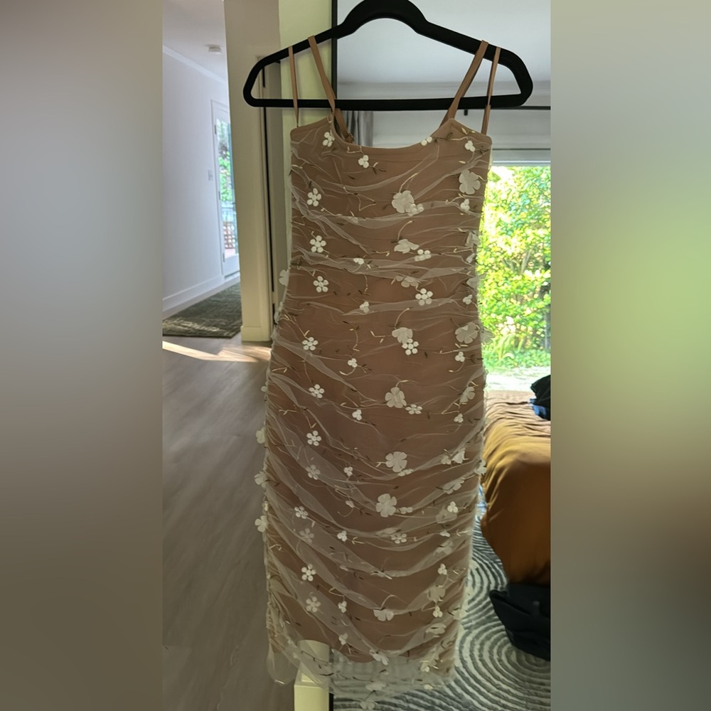 Tan body on with white flower tulle overlay